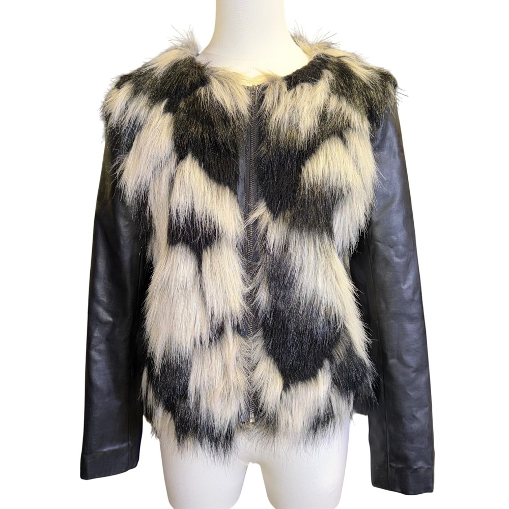 Leith Faux Fur Jacket Womens Size S Black White Good Leather Sleeve Zip Up